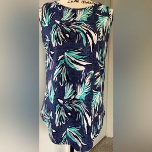 Amana Blue and Green Tropical Palm Patterned Top with V hem. M
